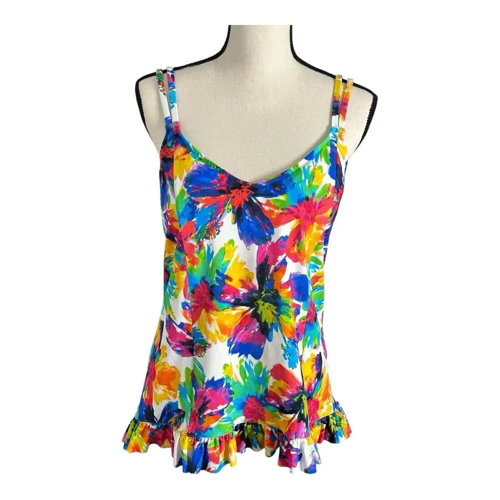 Swim Solutions Women's Triple Tier Printed Tankini Top Swimwear Multi Size 16 - Picture 4 of 14